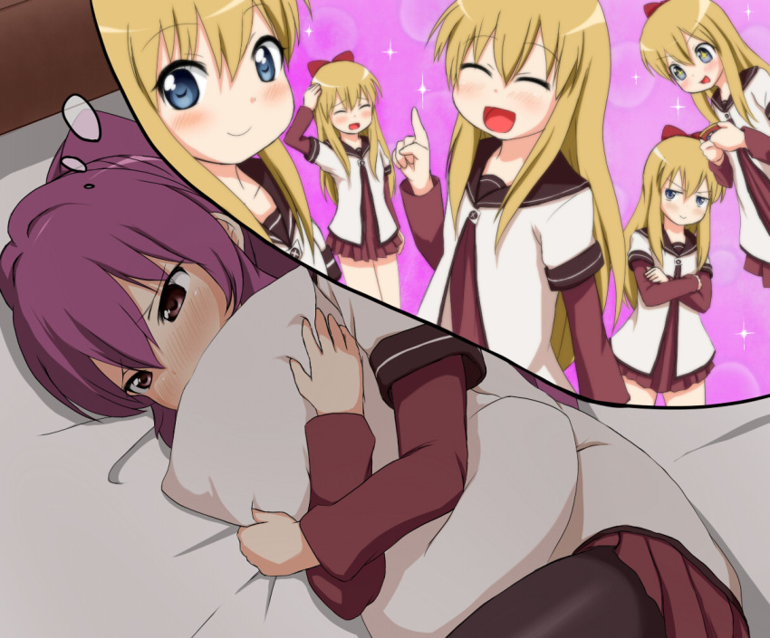 2girls bad_id bad_pixiv_id bed biting black_pantyhose blonde_hair blue_eyes blush closed_eyes commentary_request hair_intakes hug hugging_object imagining layered_sleeves long_sleeves lying miniskirt multiple_girls nanamori_school_uniform negetsu pantyhose pillow pillow_bite pillow_hug pleated_skirt ponytail purple_eyes purple_hair purple_skirt school_uniform serafuku short_over_long_sleeves short_sleeves skirt sugiura_ayano thought_bubble toshinou_kyouko yuri yuru_yuri