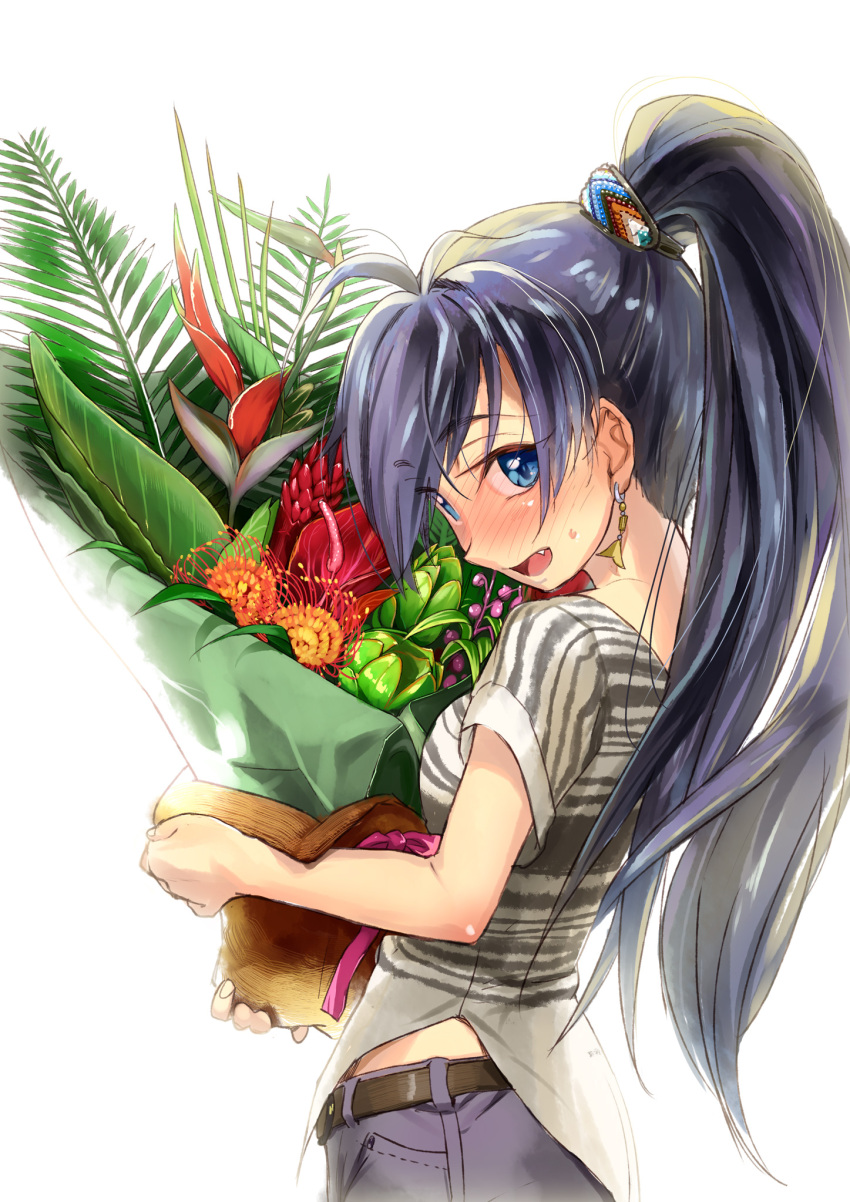 andou_shuki antenna_hair anthurium backlighting belt bird_of_paradise_flower black_hair blue_eyes blush commentary_request earrings female flower flower_pot ganaha_hibiki highres holding holding_flower_pot idolmaster idolmaster_(classic) jewelry long_hair looking_at_viewer lotus oerba_yun_fang open_mouth plant ponytail potted_plant profile red_ginger_(flower) simple_background solo spider_lily