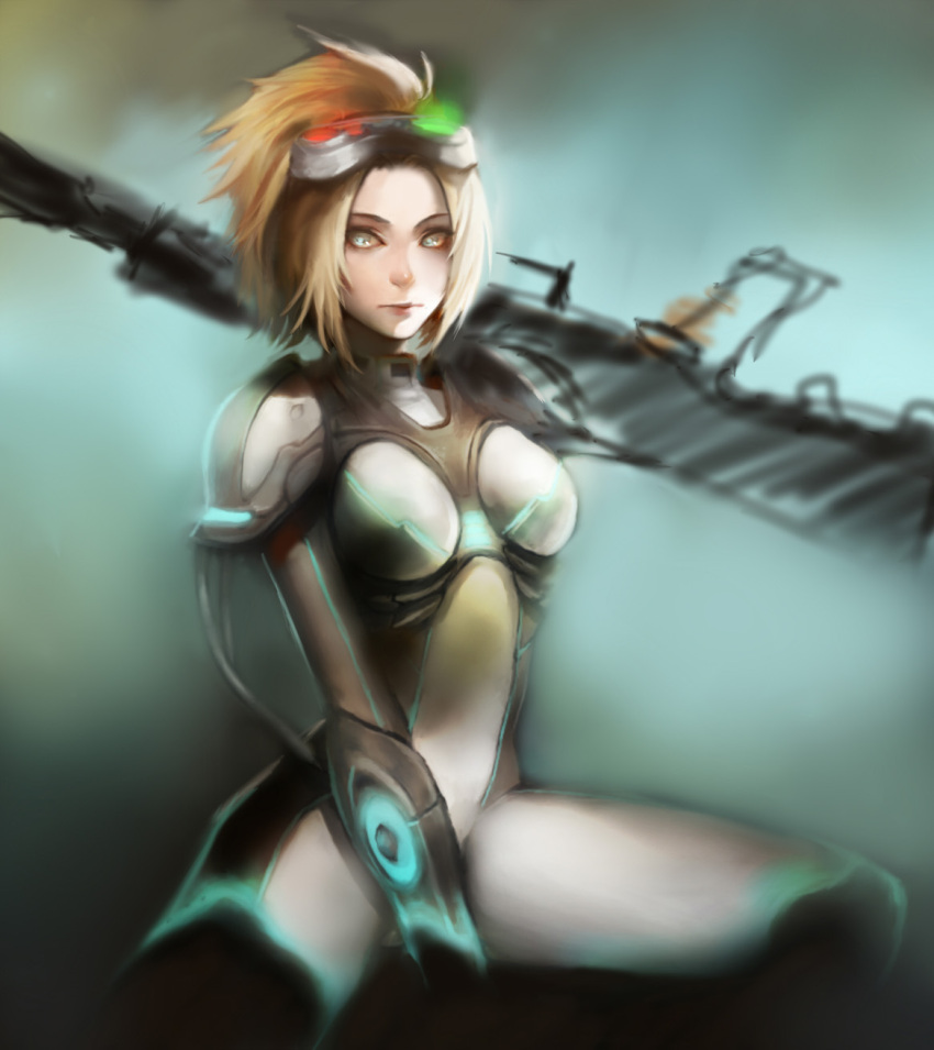 armor blonde_hair bodysuit center_opening female ghost_(starcraft) goggles goggles_on_head gun head-mounted_display highres lips neon_trim nose nova_(starcraft) photoshop_(medium) ponytail rifle skin_tight solo starcraft terran tetsu_(aurvandil) weapon