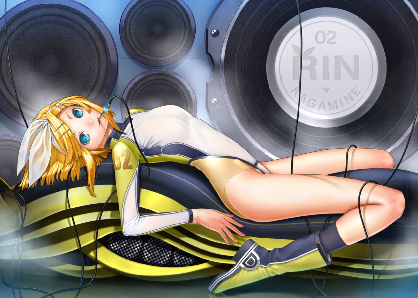 alternate_costume black_socks blonde_hair blue_eyes boots bow brazen breasts cable colored_eyelashes commentary_request female hair_ornament hairbow hairclip highres kagamine_rin leotard lips looking_at_viewer lying mouth_hold nail_polish on_back short_hair small_breasts socks solo speaker vocaloid