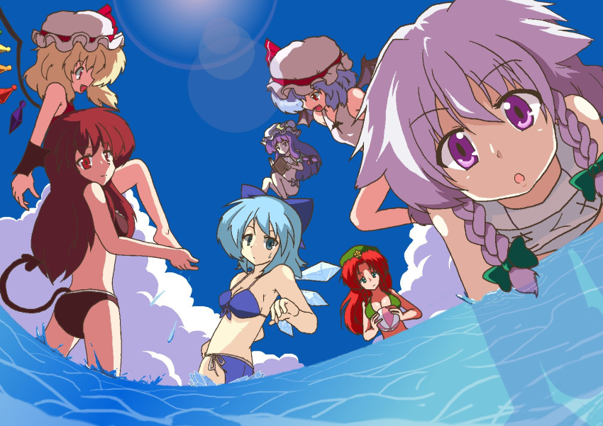 6+girls :/ :d :o aged_down all_fours anniversary ball bat_wings beachball bikini blonde_hair blue_eyes blue_hair book braid cirno cirno-nee commentary_request crescent curious demon_tail flandre_scarlet floating grey_hair hat head_wings hong_meiling ice ice_wings izayoi_sakuya koakuma lens_flare long_hair mikazuki_neko multiple_girls oerba_yun_fang open_mouth patchouli_knowledge purple_eyes red_eyes red_hair remilia_scarlet short_hair side-tie_bikini_bottom smile star_(symbol) sun_glare swimsuit tail touhou twin_braids wading water wings