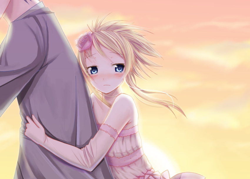 1boy alternate_hairstyle aoi_usagi_(marinebluerabbit) bare_shoulders blonde_hair blue_eyes blush commentary_request dress elbow_gloves faceless faceless_male female flower gloves hair_flower hair_ornament hug hug_from_behind kousaka_kirino long_hair looking_away ore_no_imouto_ga_konna_ni_kawaii_wake_ga_nai