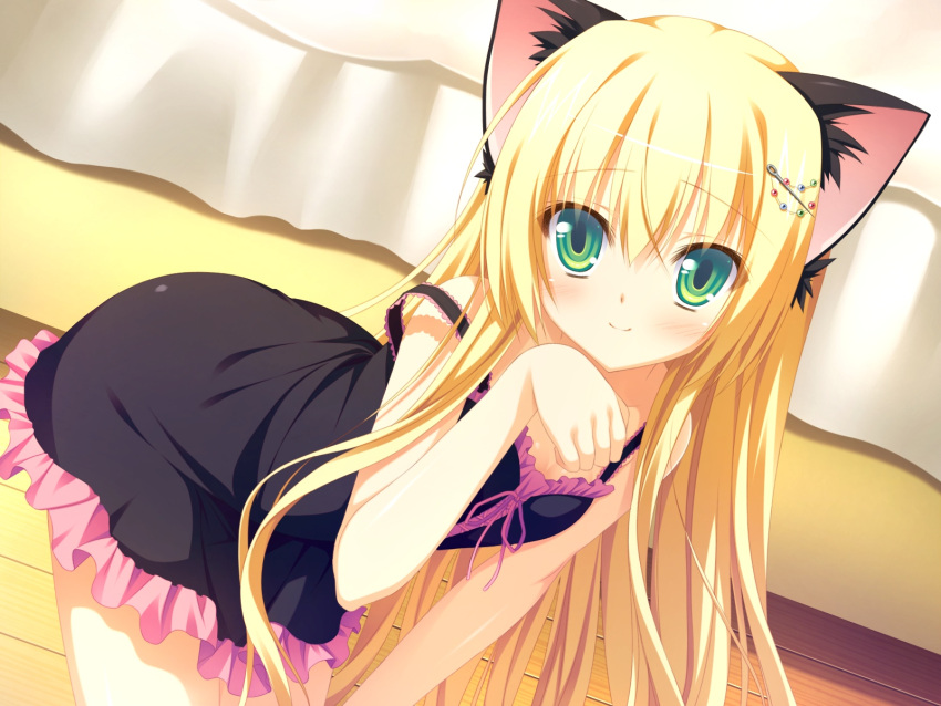 animal_ears blonde_hair dress game_cg green_hair long_hair nimura_yuushi oni_gokko sumiyoshi_kureha