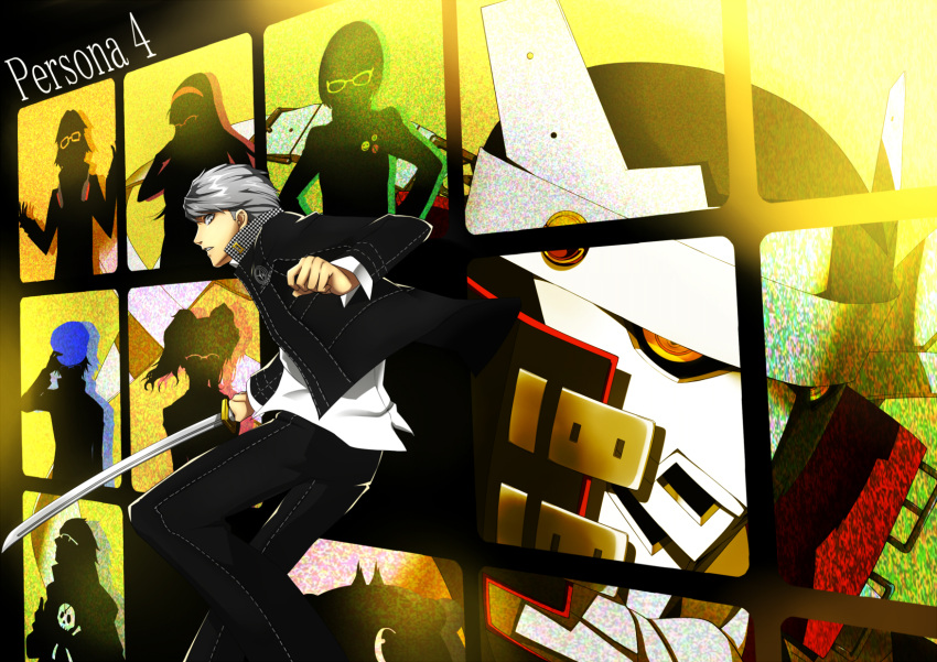 3boys 4girls amagi_yukiko bad_id bad_pixiv_id badge button_badge glasses grey_eyes grey_hair hairband hanamura_yousuke hat headphones highres izanagi_(persona_4) katana kujikawa_rise kuma_(persona_4) male_focus multiple_boys multiple_girls narukami_yuu nuezou persona persona_4 satonaka_chie school_uniform shirogane_naoto silhouette sword tatsumi_kanji television weapon