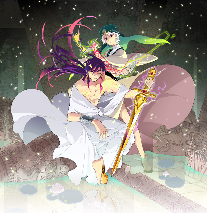 2boys bad_id bad_pixiv_id black_eyes dalc_rose earrings freckles highres ja'far_(magi) jewelry keffiyeh knife long_hair magi_the_labyrinth_of_magic male_focus multiple_boys one_eye_closed purple_hair sinbad_(magi) string string_of_fate sword weapon white_hair yellow_eyes