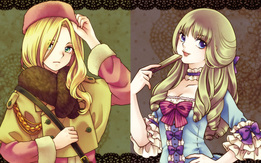 2girls adjusting_clothes adjusting_headwear aristocratic_clothes bags_under_eyes blonde_hair blue_eyes bow breasts buckle buttons choker cleavage coat collarbone commentary_request drill_hair folding_fan france frilled_sleeves frills fur_coat fur_hat fuuka_(fukasheu) green_eyes hair_over_one_eye hairbow hand_fan hand_on_headwear hand_on_own_hip hat long_hair long_sleeves medium_breasts multiple_girls oerba_yun_fang open_mouth original personification pink_bow purple_bow ribbon russia russian_clothes scarf smile strap striped striped_bow