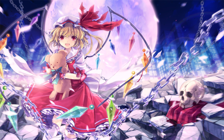 6u_(eternal_land) bad_id bad_pixiv_id blonde_hair bow chains city female flandre_scarlet frilled_skirt frills full_moon hat hat_ribbon hugging_doll hugging_object medium_skirt moon open_mouth photoshop_(medium) red_eyes red_skirt ribbon shirt side_ponytail skirt skirt_set skull skyline smile solo stuffed_animal stuffed_toy teddy_bear touhou wings wrist_cuffs