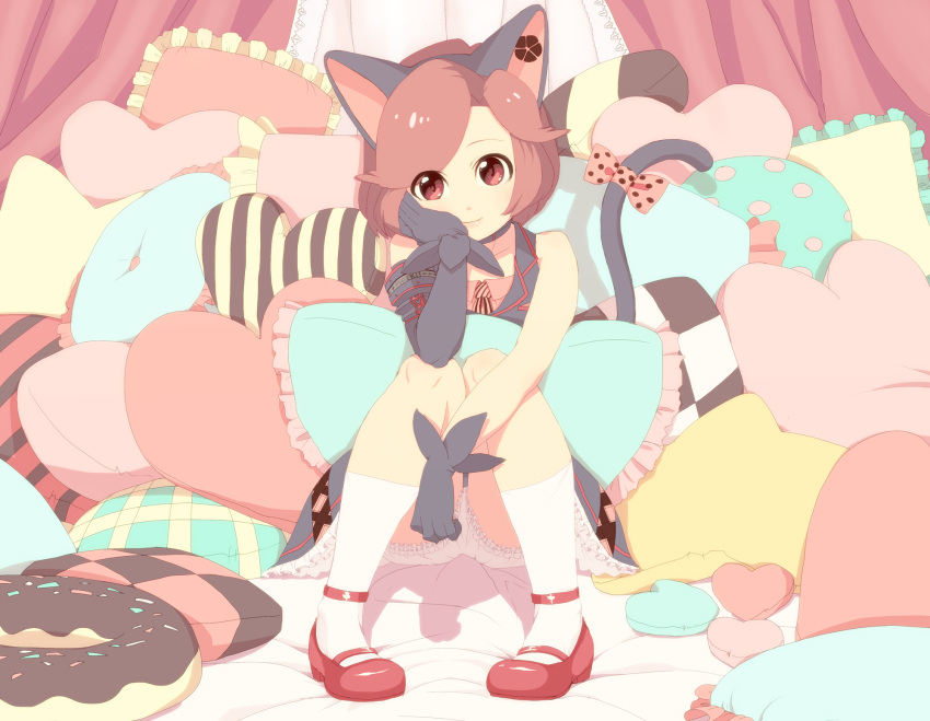 abusan animal_ears black_one-piece_(module) bloomers brown_eyes brown_hair cat_ears cat_tail commentary_request doughnut female food frilled_pillow frills gloves highres kemonomimi_mode mary_janes meiko_(vocaloid) pillow project_diva_(series) sakine_meiko shoes short_hair sitting smile solo tail underwear vocaloid