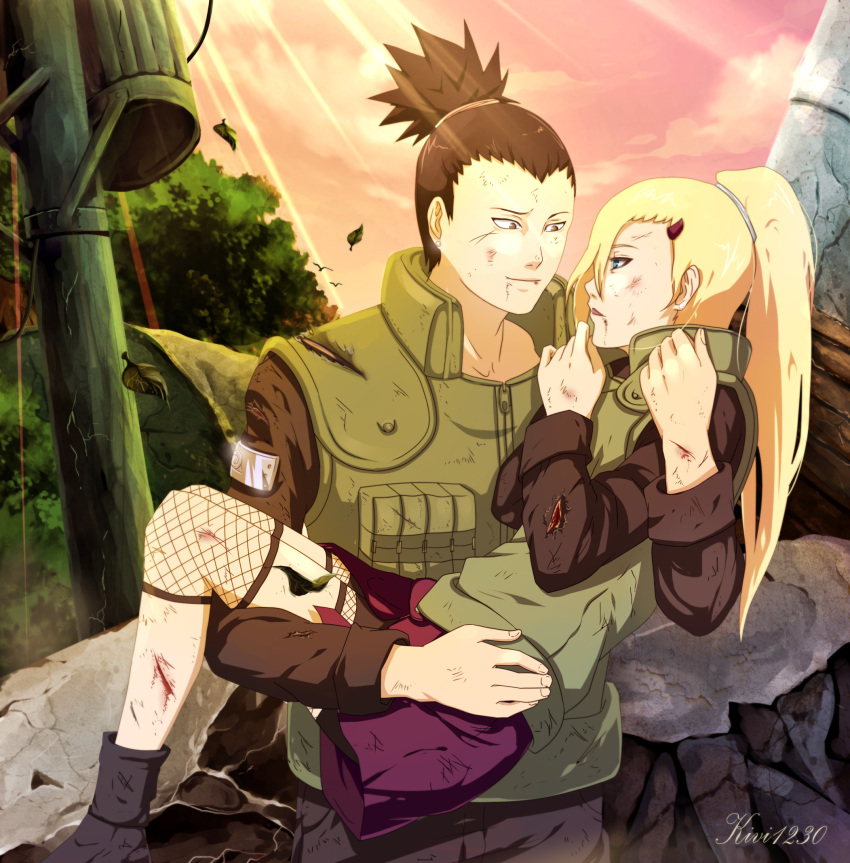 black_hair blonde_hair blood blue_eyes bruise carrying fishnets flak_jacket hair_ornament hairclip highres injury ino_yamanaka kivi1230 long_hair nara_shikamaru naruto ponytail princess_carry scar scrape scratches smile wounded