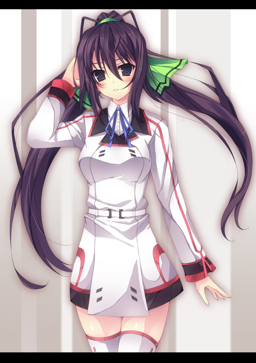 absurdres bad_id bad_pixiv_id black_eyes black_hair blush bow ebicha female hairbow highres infinite_stratos letterboxed long_hair looking_at_viewer photoshop_(medium) ribbon school_uniform shinonono_houki solo split_ponytail thighhighs white_thighhighs