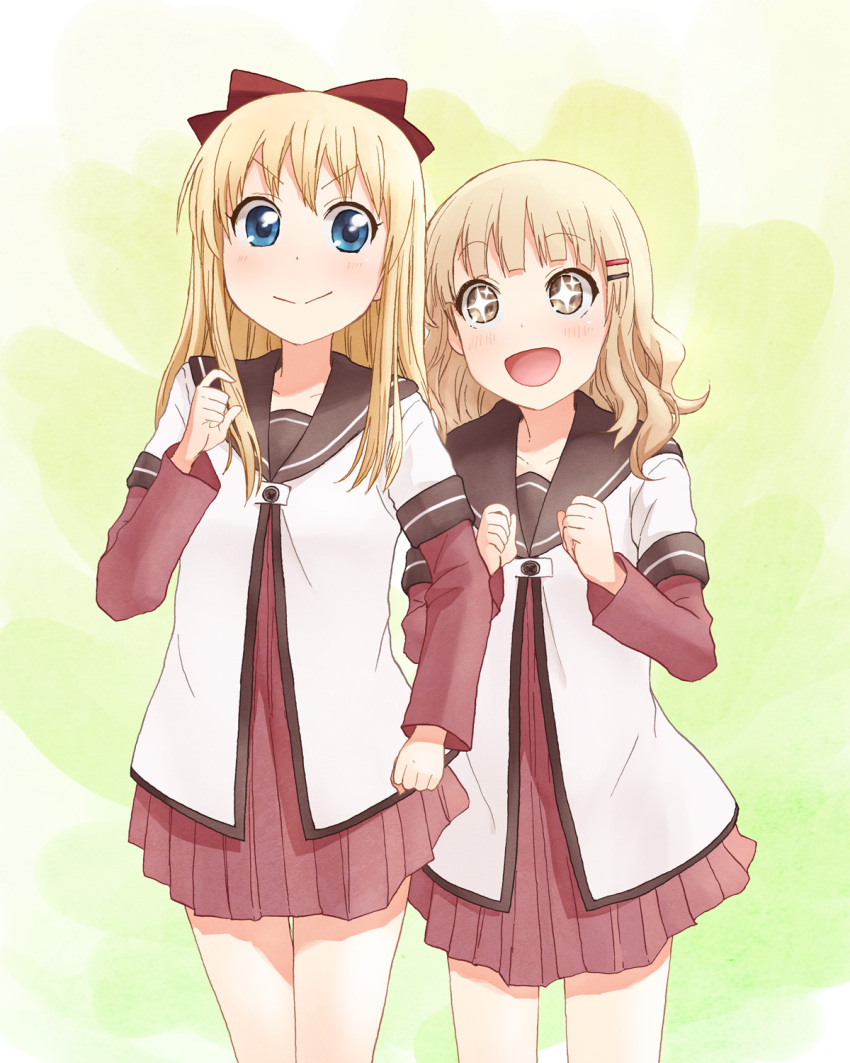 +_+ 2girls :d blonde_hair blue_eyes blush bow brown_eyes clenched_hand clenched_hands hair_ornament hairbow hairclip highres layered_sleeves long_hair long_sleeves multiple_girls nanamori_school_uniform oomuro_sakurako open_mouth photoshop_(medium) school_uniform serafuku short_over_long_sleeves short_sleeves smile toshinou_kyouko unyon yuru_yuri