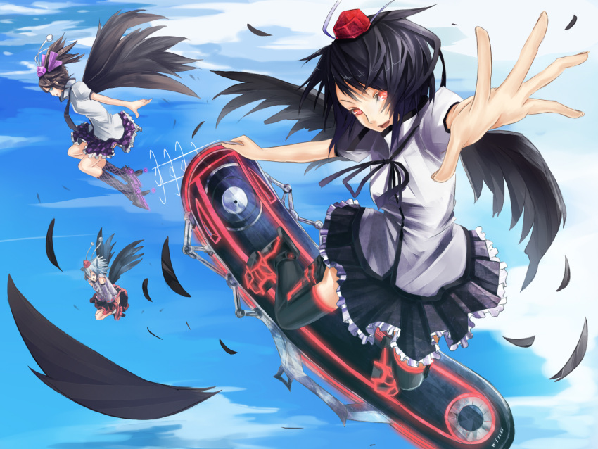 3girls animal_ears bad_id bad_pixiv_id black_hair black_skirt black_socks black_thighhighs black_wings day feathers flying foreshortening frilled_skirt frills geta grey_hair hat highres himekaidou_hatate inubashiri_momiji jumping kneehighs medium_skirt miniskirt multiple_girls open_mouth outstretched_arm purple_skirt red_eyes reio_reio shameimaru_aya short_hair skirt sky skyboard smile snowboard socks thighhighs tokin_hat touhou twintails wings wolf_ears