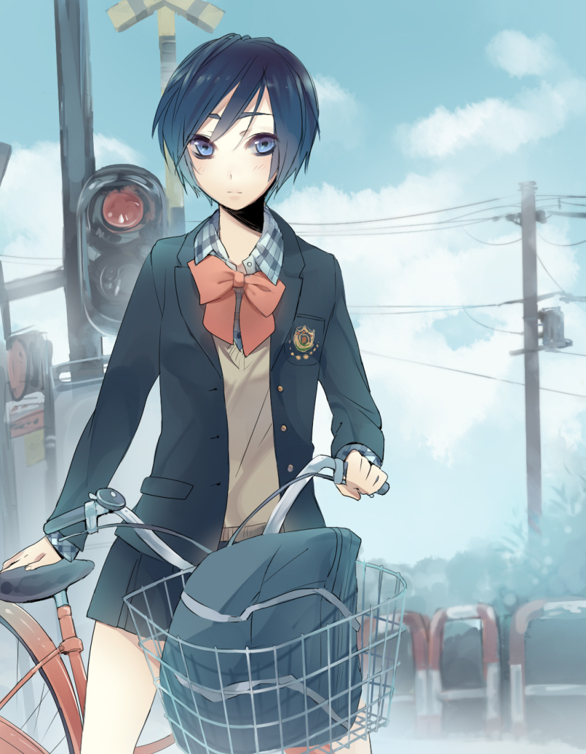 androgynous bad_id bad_pixiv_id badge bag barricade basket bicycle bicycle_basket black_hair black_skirt blazer blue_eyes bow bowtie cloud day expressionless female highres horiizumi_inko jacket long_sleeves looking_at_viewer miniskirt original outdoors plaid plaid_shirt pleated_skirt power_lines railroad_crossing red_bow red_bowtie school_bag school_uniform shirt short_hair skirt sky solo standing sweater_vest swept_bangs transformer unbuttoned utility_pole wing_collar