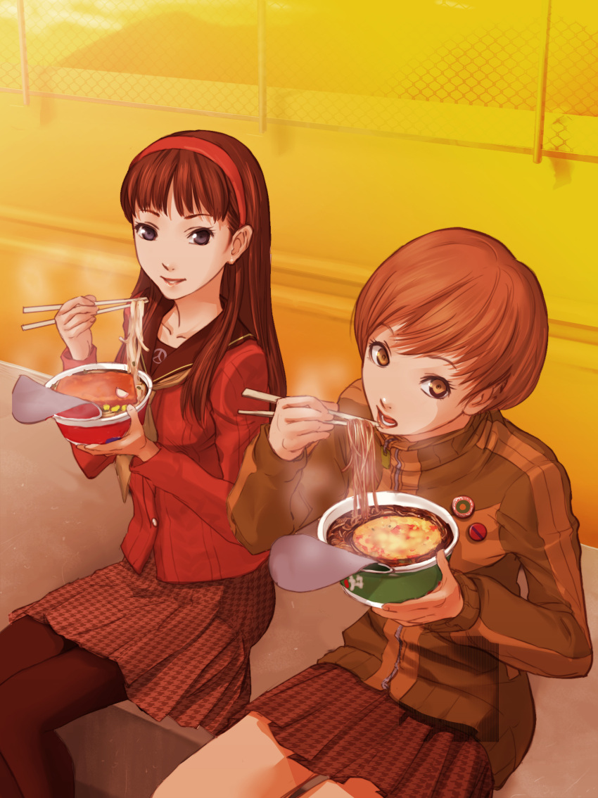 2girls aburaage amagi_yukiko badge black_eyes black_hair black_legwear black_skirt brown_eyes brown_hair button_badge checkered_clothes checkered_skirt chopsticks commentary_request cup_ramen eating food from_above hairband highres houndstooth instant_soba instant_udon jacket kamaboko long_hair looking_up maruchan_akai_kitsune_udon maruchan_midori_no_tanuki_tensoba miniskirt multiple_girls noodles nukazuke open_mouth pantyhose persona persona_4 photoshop_(medium) pleated_skirt satonaka_chie school_uniform short_hair sitting skirt smile soba track_jacket udon