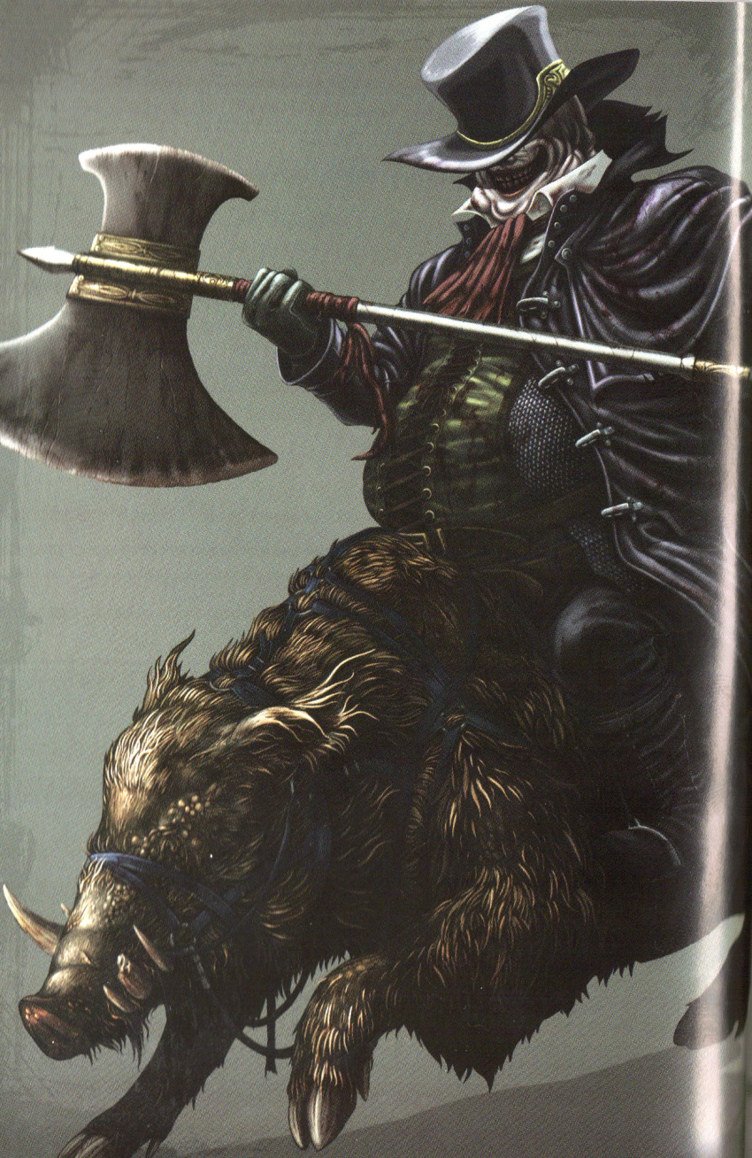 1boy animal_ears axe battle_axe black_footwear black_jacket boar boar_ears collar collared_jacket demon's_souls double-sided_axe fat_official goth_fashion grin harness hat highres holding holding_axe holding_weapon jacket no_humans official_art riding riding_boar scan smile weapon