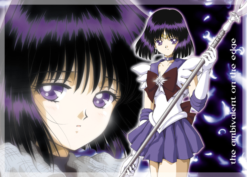 back_bow bishoujo_senshi_sailor_moon black_hair border bow brooch choker collar commentary_request elbow_gloves female glaive_(polearm) gloves hino_ryutaro holding holding_polearm holding_weapon jewelry magical_girl miniskirt multiple_views official_style pleated_skirt polearm purple_eyes purple_sailor_collar purple_skirt ribbon sad sailor_collar sailor_saturn sailor_senshi_uniform short_hair silence_glaive skirt star_(symbol) star_brooch star_choker tamegai_katsumi_(style) tomoe_hotaru transparent_border weapon white_gloves