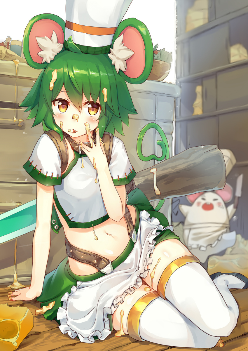 absurdres ahoge animal animal_ears apron arm_support belt_buckle bowl buckle cheese chef_hat collar commentary_request crop_top female food food_on_body food_on_face full_body green_hair green_skirt hair_between_eyes hand_on_own_face hat heart heart-shaped_pupils heart_tail highres indoors ketchup kitchen kitchen_knife knife last_period licking looking_at_viewer midriff mouse_(animal) mouse_ears mouse_tail navel orange_eyes ratte_(last_period) ruma_imaginary santoku_knife shelf shoes short_hair sitting skirt solo symbol-shaped_pupils tail thighhighs tongue tongue_out weapon white_thighhighs wooden_floor yokozuwari