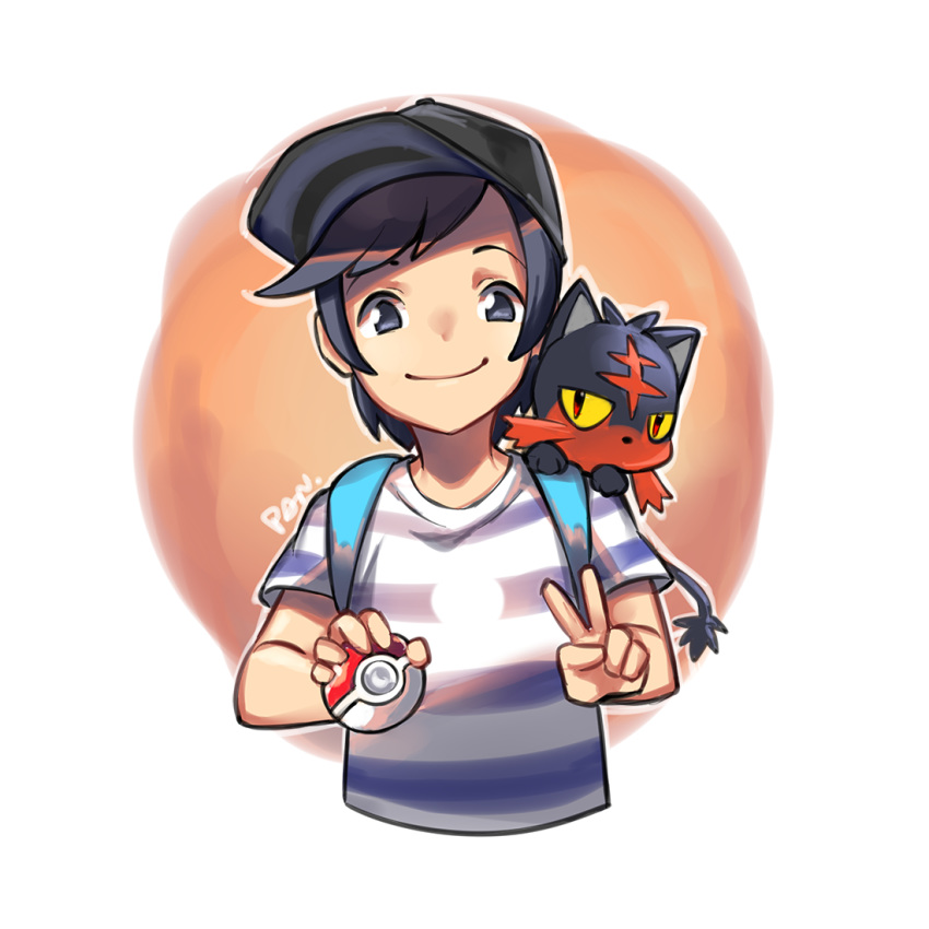 1boy animal animal_on_shoulder artist_name backpack bag baseball_cap black_eyes black_hair blue_shirt cat_on_shoulder closed_mouth commentary cropped_torso elio_(pokemon) feline hat holding holding_poke_ball kashi_kosugi litten looking_at_viewer male_focus on_shoulder outline poke_ball poke_ball_(basic) pokemon pokemon_(creature) pokemon_on_shoulder pokemon_sm shirt short_sleeves smile striped_clothes striped_shirt swept_bangs upper_body v white_outline