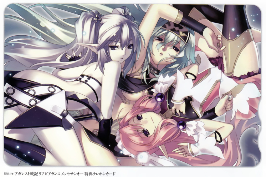 3girls agarest_senki agarest_senki_(series) arm_up breasts dyshana_(agarest_senki) ellis_(agarest_senki) fyuria_(agarest_senki) green_hair grey_eyes hair_ornament hairband hirano_katsuyuki long_hair looking_back medium_breasts multiple_girls official_art pale_skin photoshop_(medium) pink_hair pointy_ears purple_eyes silver_hair smile thigh_strap thighhighs twintails underboob wrist_cuffs