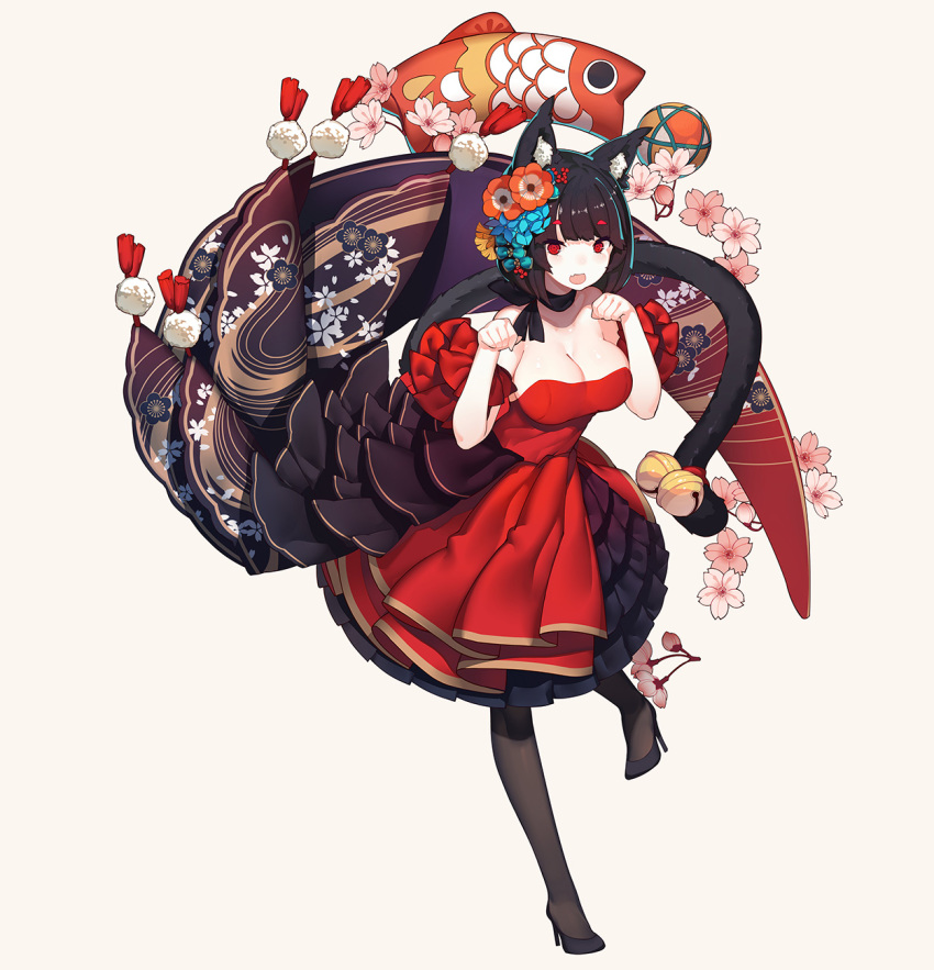 animal_ear_fluff animal_ears azur_lane bell black_hair black_pantyhose bob_cut breasts cat_ears cat_tail choker cleavage commentary dress evening_gown female flower frilled_dress frills full_body hair_flower hair_ornament high_heels highres large_breasts looking_at_viewer mismatched_eyebrows oerba_yun_fang official_alternate_costume official_art open_mouth pantyhose paw_pose photoshop_(medium) pumps rain_lan red_dress red_eyes short_hair simple_background solo standing standing_on_one_leg tail tail_bell tail_ornament white_background yamashiro_(azur_lane) yamashiro_(dressy_black_cat)_(azur_lane)