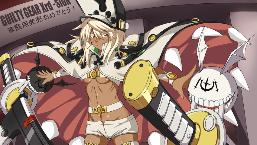 belt_bra blonde_hair breasts commentary_request cowboy_shot dark-skinned_female dark_skin female frown guilty_gear guilty_gear_xrd hat long_hair lucifero_(guilty_gear) mouth_hold naginoya navel orange_eyes ramlethal_valentine short_shorts shorts small_breasts sword teeth thigh_strap underboob weapon