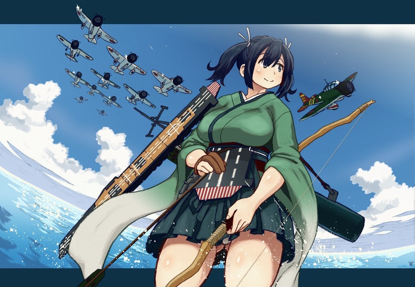 aircraft airplane apron ass_visible_through_thighs black_eyes blue_hair bow_(weapon) breasts closed_mouth cloud commentary_request dagashi_(place) dark_blue_hair day female gloves hair_between_eyes hair_ribbon hakama hakama_short_skirt hakama_skirt holding holding_bow_(weapon) holding_weapon japanese_clothes kantai_collection kimono large_breasts long_hair ocean outdoors partially_fingerless_gloves quiver ribbon rigging sidelocks skirt sky smile solo souryuu_(kancolle) thigh_gap thighs twintails water weapon yugake