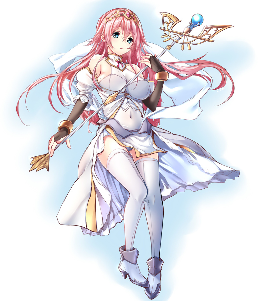 bad_id bad_pixiv_id bare_shoulders blue_eyes boots breasts bridal_gauntlets cofepig covered_navel dress esther_(sennen_sensou_aigis) female fingerless_gloves full_body gloves highres large_breasts long_hair looking_at_viewer open_mouth pink_hair sennen_sensou_aigis smile solo staff thighhighs tiara white_thighhighs