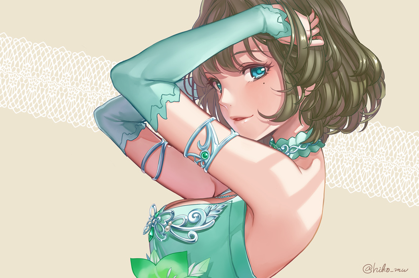 armlet arms_up blue_eyes breasts brown_hair commentary_request crystal detached_sleeves eyelashes female formal from_side green_eyes hands_in_hair heterochromia hikonyaaa idolmaster idolmaster_cinderella_girls jewelry looking_at_viewer mole mole_under_eye necklace parted_lips patterned_background shade short_hair sleeveless small_breasts smile solo takagaki_kaede twitter_username upper_body yellow_background