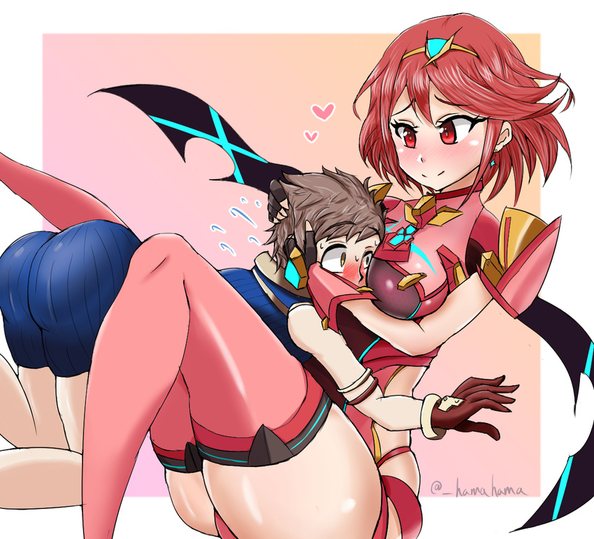 1boy blush breasts brown_hair female homura_(xenoblade_2) nintendo red_hair rex_(xenoblade_2) xenoblade xenoblade_2