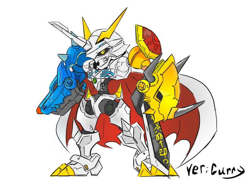 armor cape chibi digimon full_armor horns monster no_humans omegamon red_eyes royal_knights shoulder_pads simple_background solo sword weapon white_background