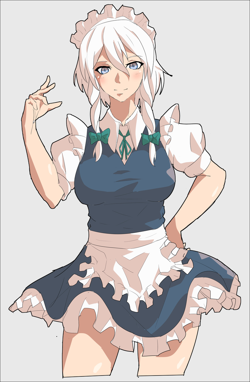 absurdres apron bad_id bad_pixiv_id blue_dress blue_eyes blush bow braid breasts commentary_request cowboy_shot cropped_legs dress female frilled_dress frills goniataito green_bow green_neckwear green_ribbons grey_background hairbow hand_on_own_hip highres izayoi_sakuya large_breasts looking_at_viewer maid maid_headdress neck_ribbon puffy_short_sleeves puffy_sleeves ribbon short_hair short_sleeves smile solo touhou twin_braids waist_apron white_hair