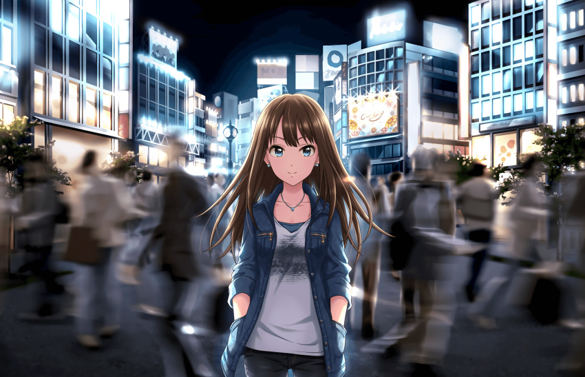 analog_clock artist_request billboard black_pants blue_eyes brown_hair city clock closed_mouth collarbone crowd denim denim_jacket dot_nose earrings female glowing hands_in_pockets highres idolmaster idolmaster_cinderella_girls idolmaster_cinderella_girls_starlight_stage jacket jeans jewelry light_smile lights lips long_hair long_sleeves looking_at_viewer motion_blur necklace night night_sky official_art outdoors pants parted_bangs pocket print_shirt shibuya_rin shirt sky sleeves_rolled_up solo_focus stage_of_magic_(idolmaster) standing star_(symbol) star_earrings stud_earrings thigh_gap tree unbuttoned white_shirt window wing_collar zipper