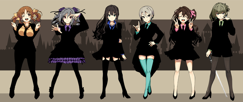 6+girls ;d absurdres aqua_shirt aqua_thighhighs black_hair black_pantyhose black_thighhighs blue_shirt breasts cane commentary_request double_v drill_hair flower formal full_body garter_straps ghost_in_the_shell_lineup green_eyes green_shirt grey_hair hair_flower hair_ornament hair_ribbon hand_on_own_face hand_on_own_hip heterochromia high_heels highres holding_own_arm idolmaster idolmaster_cinderella_girls iwasaki_takashi kanzaki_ranko large_breasts long_hair looking_at_viewer mole mole_under_eye multiple_girls necktie one_eye_closed open_mouth orange_hair orange_shirt outstretched_hand pantyhose pink_shirt purple_shirt red_eyes ribbon shibuya_rin shimamura_uzuki shiomi_syuko shirt smile suit takagaki_kaede thighhighs totoki_airi trait_connection twin_drills twintails v