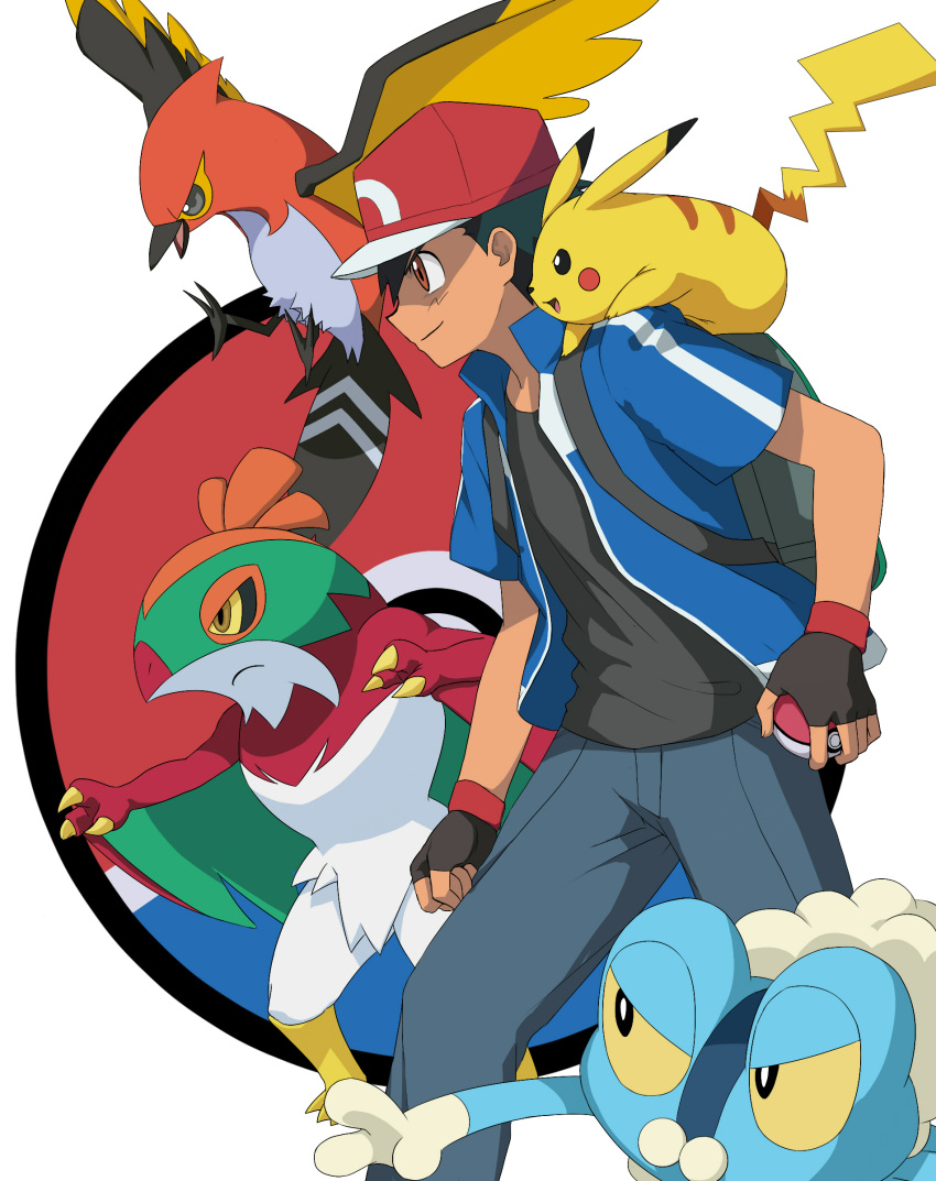 1boy absurdres backpack bag black_shirt blue_jacket commentary_request fletchinder froakie gloves hat hawlucha highres holding holding_poke_ball jacket on_shoulder pikachu poke_ball poke_ball_(basic) pokemon pokemon_(anime) pokemon_(creature) pokemon_on_shoulder pokemon_xy_(anime) satoshi_(pokemon) shirt suke_(158628) wristband