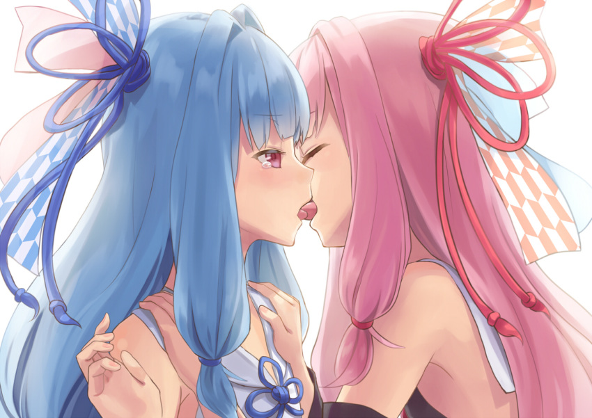 2girls bare_shoulders blue_hair blue_ribbon closed_eyes commentary_request detached_sleeves doonatsu. fingernails french_kiss hair_intakes hair_ribbon hand_on_another's_shoulder incest kissing kotonoha_akane kotonoha_aoi long_hair long_sleeves multiple_girls pink_hair profile purple_eyes red_ribbon ribbon siblings simple_background sisters tears tongue tongue_out very_long_hair voiceroid white_background yuri