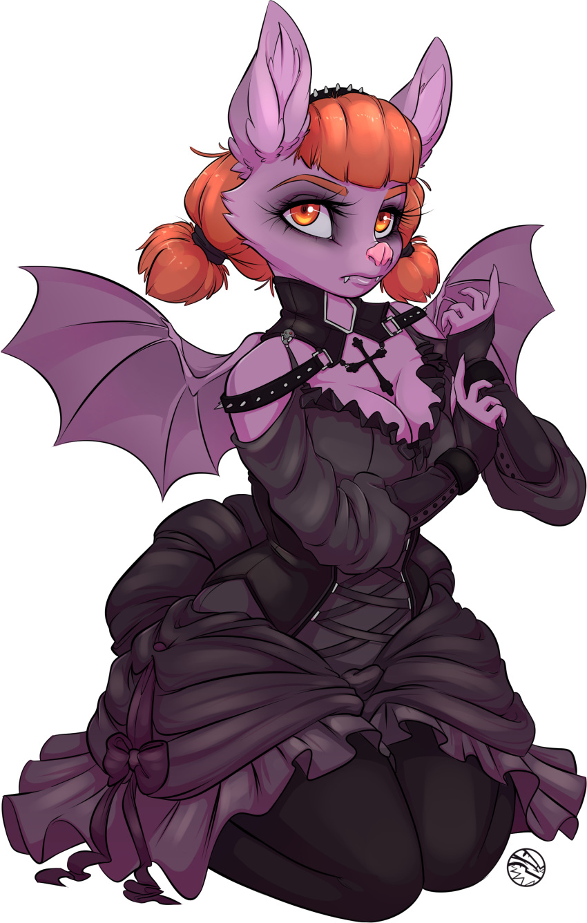 absurd_res alpha_channel alternative_fashion anthro bat big_breasts biped breasts cleavage clothed clothing cute_fangs eyebrows eyelashes feardakez female fur goth gothic_lolita hair hi_res j-fashion kiri kiribat kneeling kuro_lolita lolita_(fashion) mammal orange_eyes purple_body purple_fur red_hair solo victorian_goth wings