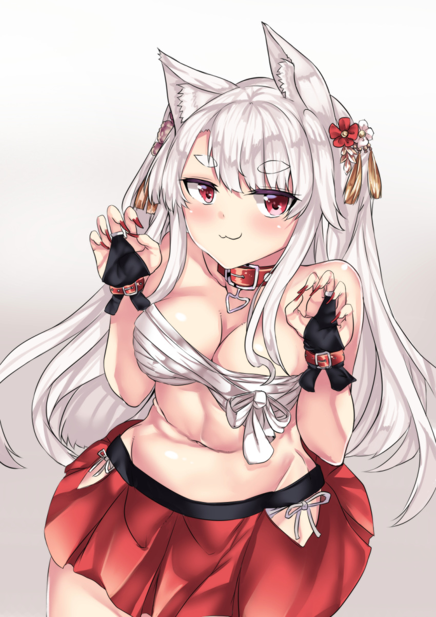 :3 azur_lane bare_shoulders blush breasts bridal_gauntlets claw_pose cleavage closed_mouth collar commentary_request female fingernails flower gradient_background grey_background groin hair_between_eyes hair_flower hair_ornament highres large_breasts long_fingernails long_hair nail_polish navel official_alternate_costume oppai_loli panties pleated_skirt red_collar red_eyes red_flower red_nails red_skirt sarashi setu_(shining12) sharp_fingernails side-tie_panties skirt solo thick_eyebrows underwear very_long_hair white_background white_flower white_hair white_panties yuudachi_(azur_lane) yuudachi_(shogun_of_snowballs)_(azur_lane)