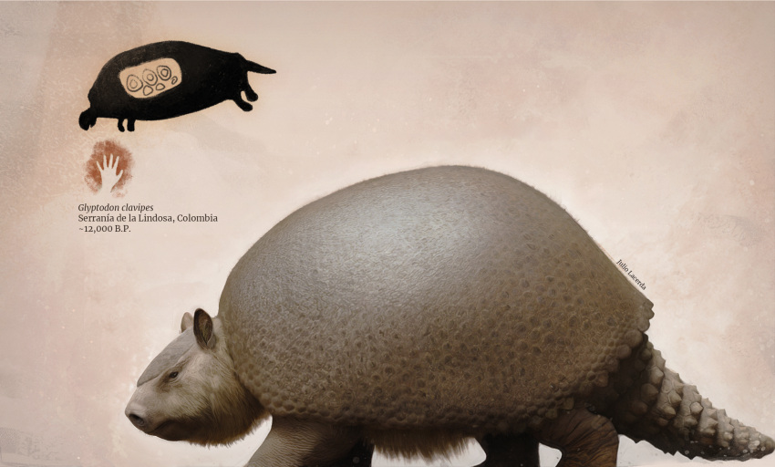 ambiguous_gender armadillo cave_painting extinct feral fur glyptodon glyptodont hi_res julio_lacerda mammal prehistoric_species quadruped scientific_name shell solo spanish_text tail text xenarthran