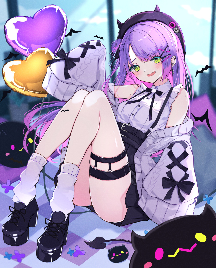 :3 absurdres balloon beret bibi_(tokoyami_towa) black_beret black_footwear black_hat black_ribbon black_skirt blurry blurry_background blush blush_stickers breasts cardigan cardigan_partially_removed collared_shirt colored_inner_hair commentary cross cross-laced_clothes cross-laced_sleeves cross_earrings demon_girl demon_tail ear_piercing earrings fake_horns female frilled_shirt frills full_body gradient_hair green_eyes grey_cardigan haidollo hair_bun hair_ornament hair_ribbon hairclip hat heart heart_balloon heart_earrings high-waist_skirt highres hololive horned_headwear horns jewelry jirai_kei leg_tattoo long_hair looking_at_viewer loose_socks miniskirt multicolored_hair neck_ribbon nervous_smile oerba_yun_fang official_alternate_costume official_alternate_hairstyle open_cardigan open_clothes open_mouth piercing pink_hair platform_footwear pleated_skirt pointy_ears pom_pom_(clothes) purple_hair ribbon shirt shoes side_up_bun sidelocks simple_bat single_side_bun skin_fang skirt sleeveless sleeveless_shirt sleeves_past_fingers sleeves_past_wrists small_breasts smile socks solo spike_piercing streaked_hair suspender_skirt suspenders swept_bangs tail tail_ornament tail_piercing tattoo thigh_strap tokoyami_towa tokoyami_towa_(jirai_kei) virtual_youtuber white_shirt white_socks x_hair_ornament