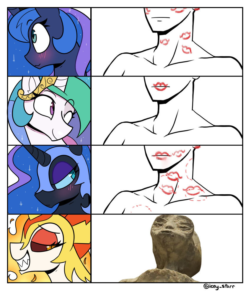 absurd_res bite_mark blush daybreaker_(mlp) female feral friendship_is_magic group hasbro hi_res icey_(artist) kiss_mark kiss_on_lips meme mexico_alien_(meme) my_little_pony nightmare_moon_(mlp) one_eye_closed princess_celestia_(mlp) princess_luna_(mlp) wink