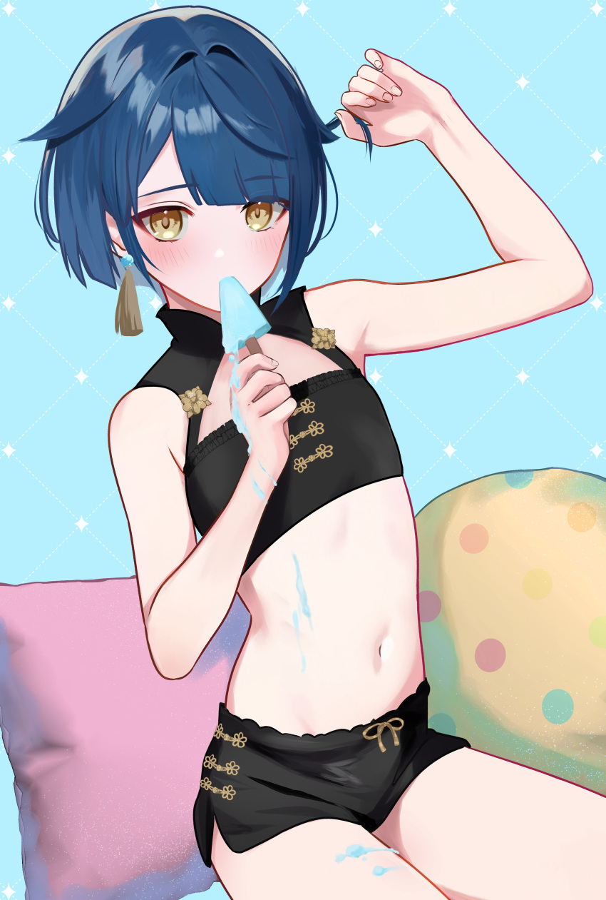 1boy absurdres alternate_costume bare_shoulders bikini black_bikini blue_background blue_eyes blue_hair cowboy_shot crop_top earrings food genshin_impact hand_in_own_hair hands_in_hair highres holding holding_own_hair jewelry looking_at_viewer male_focus midriff navel otoko_no_ko popsicle rrr_gns_(riuriu_1212) short_hair short_shorts shorts simple_background single_earring solo stomach swimsuit tassel tassel_earrings xingqiu_(genshin_impact) yellow_eyes