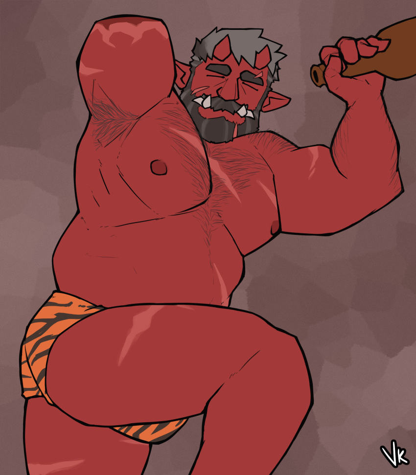 1boy absurdres amputee animal_print armpit_hair armpits back_hair bara beard belly black_hair bottle bulge colored_skin connected_beard demon_boy demon_horns extra_tusks facial_hair feet_out_of_frame from_above full_beard highres hiroto_(dick_gumshoe) holding holding_bottle horns huge_eyebrows large_pectorals loincloth lying male_focus mature_male monster_boy muscular muscular_male nipples on_side oni original pectorals pointy_ears red_skin second-party_source short_hair sleeping solo sparse_chest_hair thick_beard tiger_print topless_male velikan_art