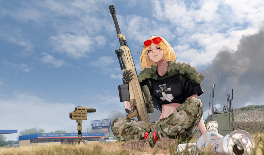 absurdres acog ak-50 anti-materiel_rifle beer_can blonde_hair boots brown_footwear camouflage camouflage_pants can car chinese_commentary cloud cloudy_sky commission drink_can english_commentary eyewear_on_head female ghillie_suit grass gun highres holding holding_gun holding_weapon indian_style looking_at_viewer make_america_great_again mechanical_arms midriff mixed-language_commentary mole mole_under_eye motor_vehicle multiple_moles navel original outdoors pants parted_lips pickup_truck purple_eyes radio range_finder red-tinted_eyewear rifle scope second-party_source short_hair shuten_(project_sky) single_mechanical_arm sitting sky sniper_rifle solo spotter_scope sunglasses texas tinted_eyewear truck weapon white_claw_(brand) woodland_camouflage