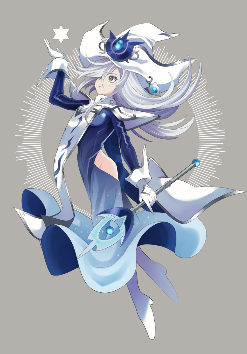 blue_dress breasts dress duel_monster female full_body gloves grey_background grey_hair hat highres hip_vent holding holding_wand long_hair medium_breasts olf_factory silent_magician solo star_(symbol) wand white_gloves witch witch_hat yu-gi-oh!