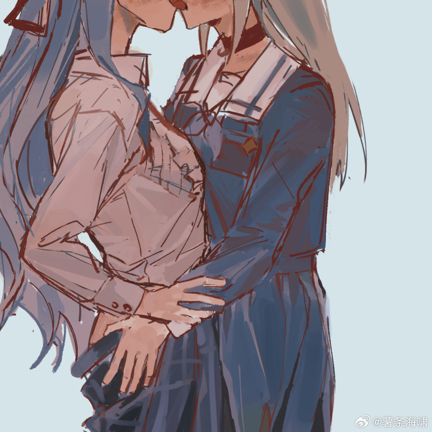 2girls bang_dream! bang_dream!_it's_mygo!!!!! black_choker black_ribbon blue_background blue_hair blue_serafuku blue_shirt blue_skirt breasts chinese_commentary choker collared_shirt commentary_request french_kiss green_hair grey_neckerchief hair_ribbon head_out_of_frame highres kissing long_hair long_sleeves medium_breasts multiple_girls neckerchief occoon open_mouth plaid plaid_skirt pleated_skirt ribbon sailor_collar school_uniform serafuku shirt simple_background skirt togawa_sakiko tongue tongue_out tsukinomori_school_uniform undressing_another wakaba_mutsumi weibo_watermark white_sailor_collar white_shirt yuri