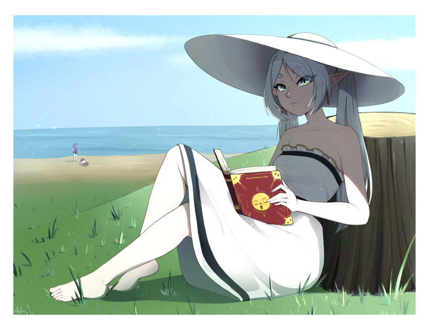 1boy 2girls absurdres alternate_costume bare_shoulders barefoot beach blue_sky book closed_mouth cloud cloudy_sky collarbone commentary dangle_earrings day dress earrings elf english_commentary eyelashes feet fern_(sousou_no_frieren) frieren frilled_dress frills full_body grass green_eyes grey_hair hat highres holding holding_book jewelry looking_at_viewer mekrani multiple_girls ocean on_ground outdoors pointy_ears shadow sitting sky sleeveless sleeveless_dress solo_focus sousou_no_frieren stark_(sousou_no_frieren) strapless strapless_dress sun_hat sundress swimsuit toenails toes tree_stump twintails white_dress white_hat