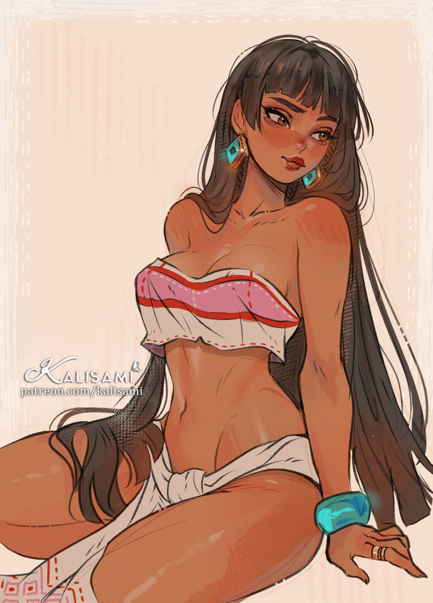 black_hair border bracelet breasts brown_background brown_border brown_eyes chel_(the_road_to_el_dorado) collarbone commentary dark-skinned_female dark_skin earrings english_commentary eyelashes female groin highres jewelry kalisami1 large_breasts long_hair navel outside_border red_lips ring sitting solo strapless the_road_to_el_dorado tube_top very_long_hair white_loincloth