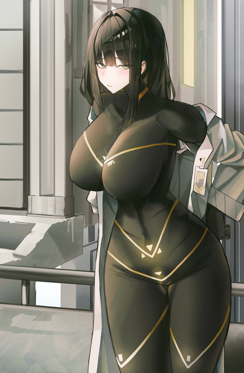 black_bodysuit bodysuit cesara_(project_moon) covered_nipples female glowing_clothes green_eyes highres hime_cut id_card lab_coat limbus_company narrow_waist neon_trim project_moon skin_tight solo turtleneck turtleneck_bodysuit two_strongtiger wide_hips