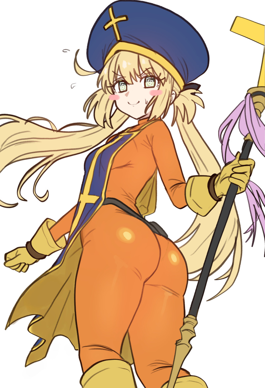 @_@ absurdres artoria_caster_(fate) artoria_pendragon_(fate) ass blonde_hair blush_stickers bodysuit breasts cosplay ebora fate/grand_order fate_(series) female flying_sweatdrops from_behind gloves green_eyes hat highres holding holding_staff long_hair looking_at_viewer looking_back orange_bodysuit priest_(dq3) priest_(dq3)_(cosplay) small_breasts smile solo staff twintails white_background yellow_gloves