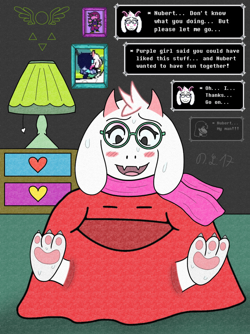 absurd_res anthro barefoot blush blush_lines blushing_male bound bovid caprine captured deltarune devluca17 dialogue feet hi_res male mammal nubert paws ralsei restrained shoeless slime speech_bubble trapped undertale_(series)